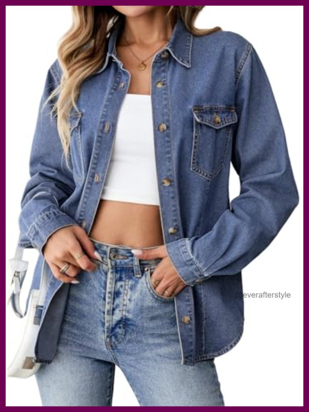 Women Denim Shirt Long Sleeve V Neck Button Down Oversized Shacket